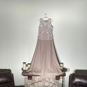 A taupe, beaded gown by JKARA, size 12